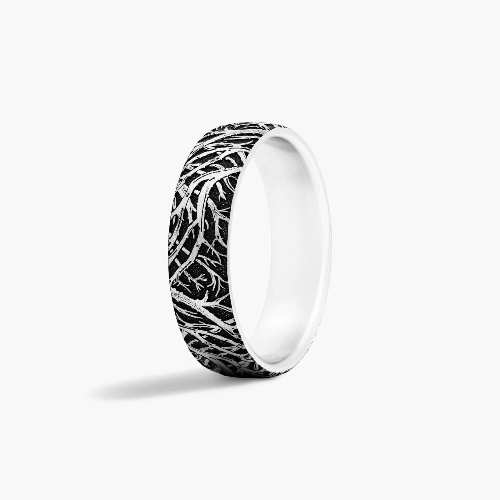 Blackened Comfort Fit Forest Pattern Men's Wedding Band In 14K White Gold (6.50mm)