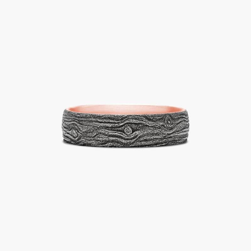 Blackened Comfort Fit Log Knot Pattern Men's Wedding Band In 14K Rose Gold (6.00mm)