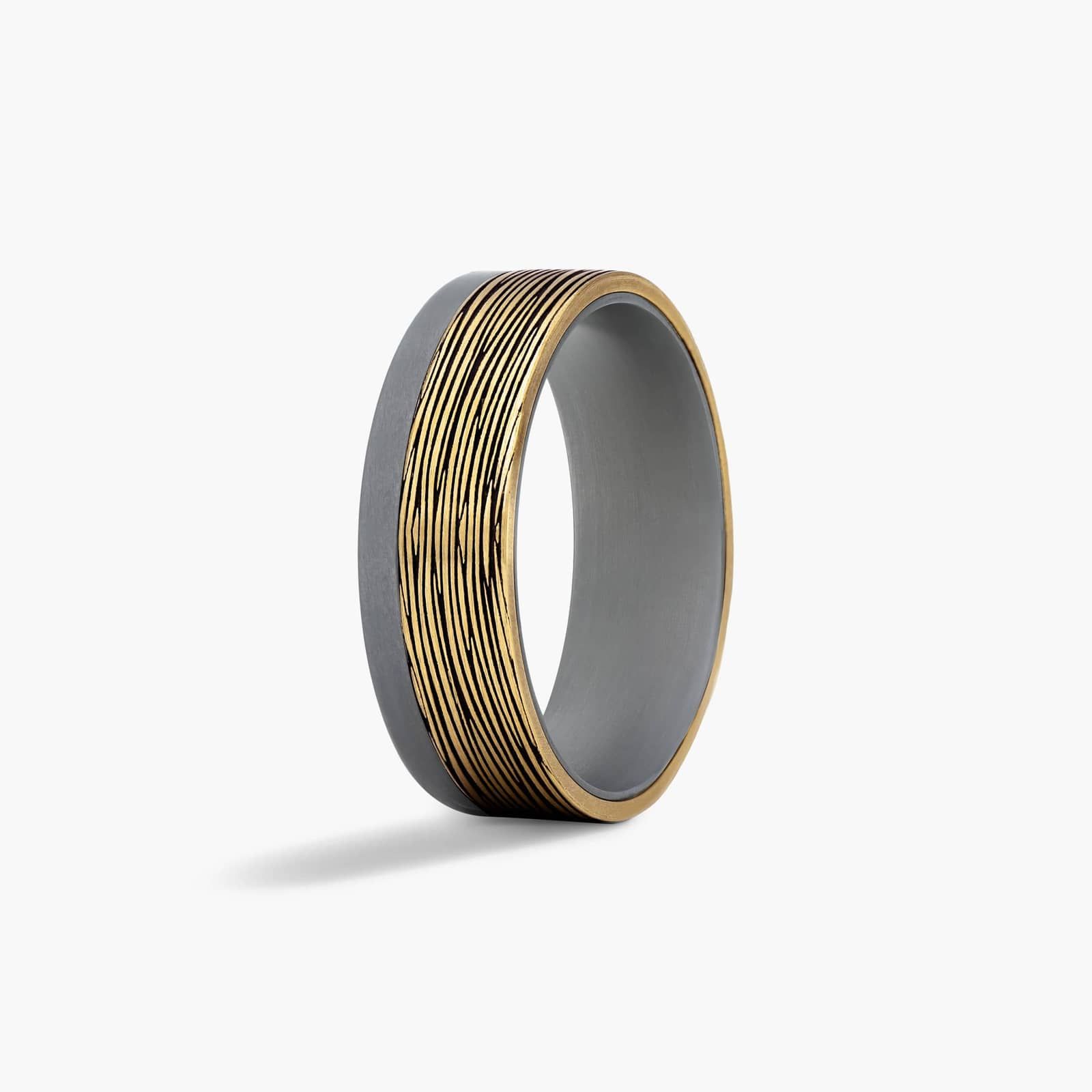 Asymmetrical Bark Pattern Men's Wedding Band In 14K Yellow Gold and Tantalum (7.00mm)