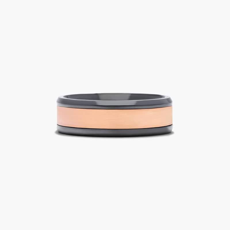 Satin Center Men's Wedding Band In 14K Rose Gold and Black Titanium (7.00mm)