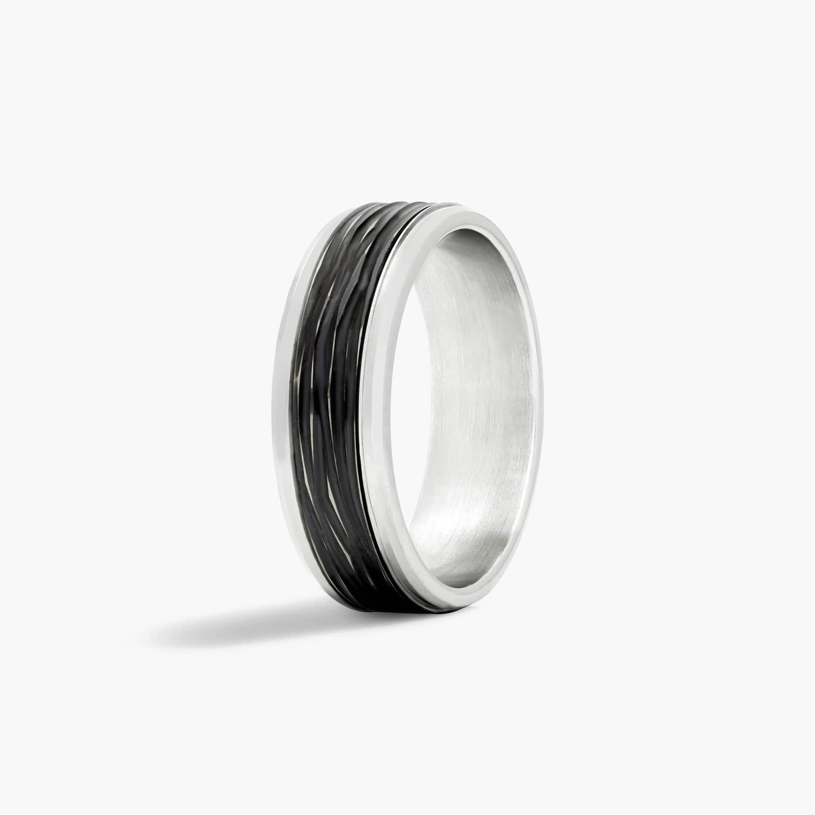 Bark Pattern Center Men's Wedding Band In 14K White Gold and Black Titanium (7.00mm)