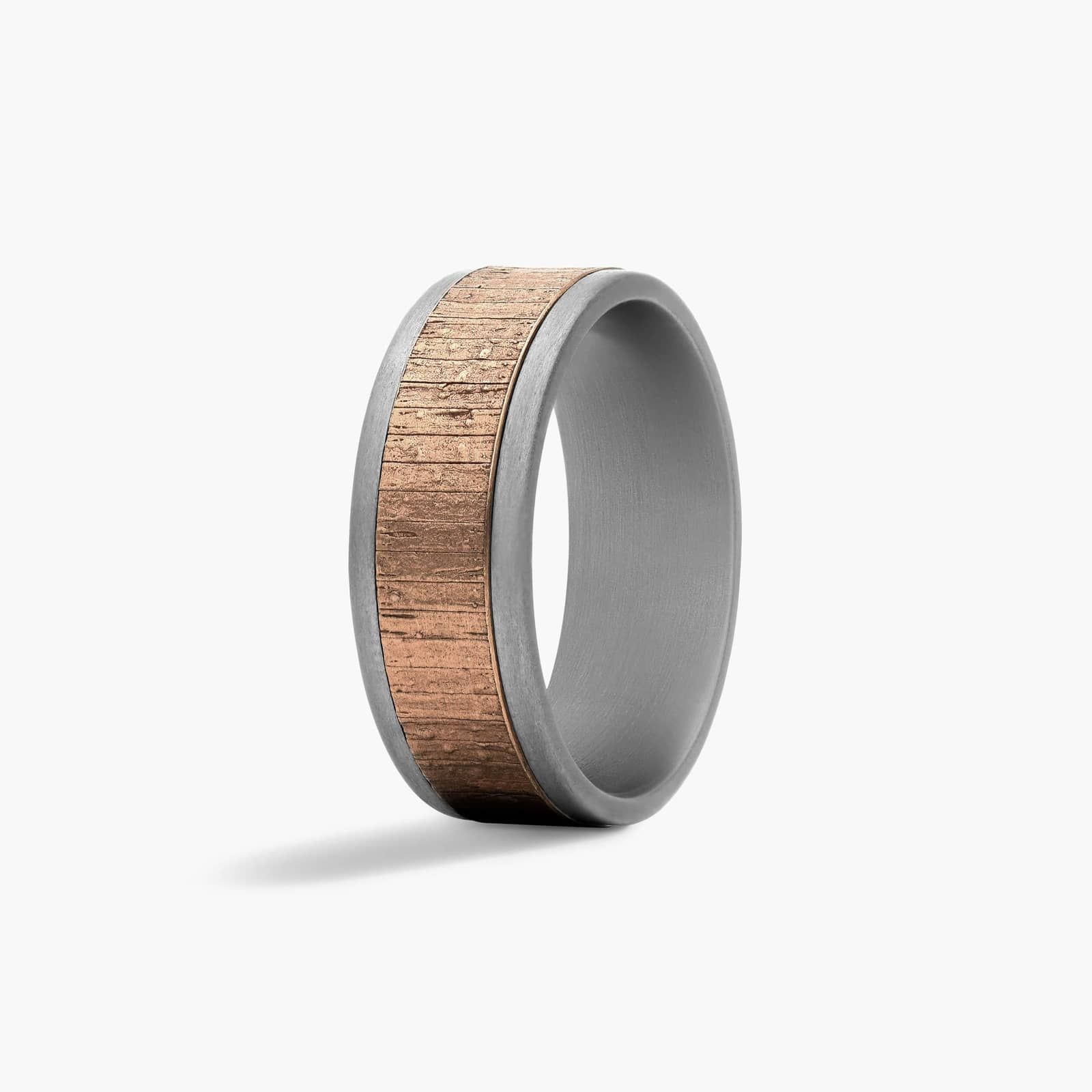 Split Wood Texture Center Men's Wedding Band In 14K Rose Gold and Grey Tantalum (8.00mm)