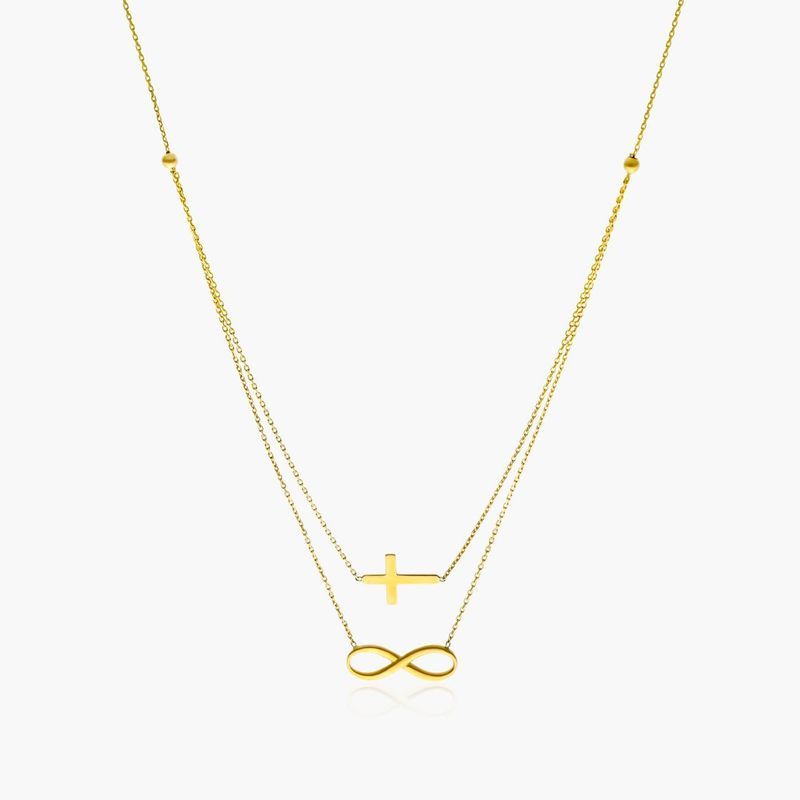 14K Yellow Gold Duo Cross and Infinity Necklace
