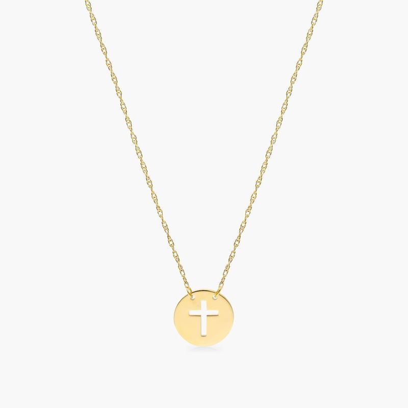 14K Yellow Gold Mini Cutout Cross Disk Necklace