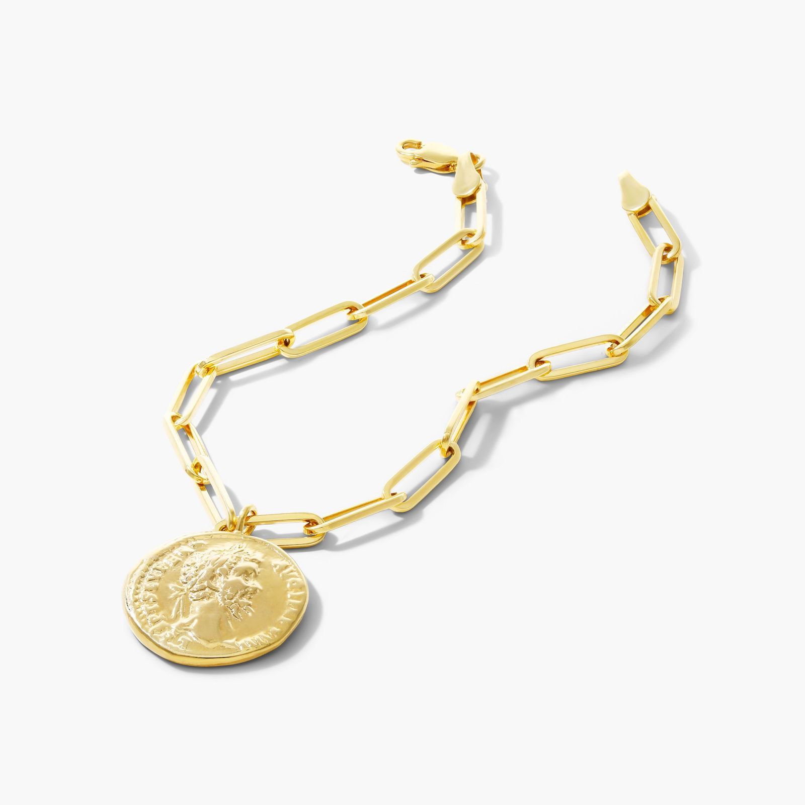 Ancient Coin Paperclip Chain Bracelet In 14K Yellow Gold