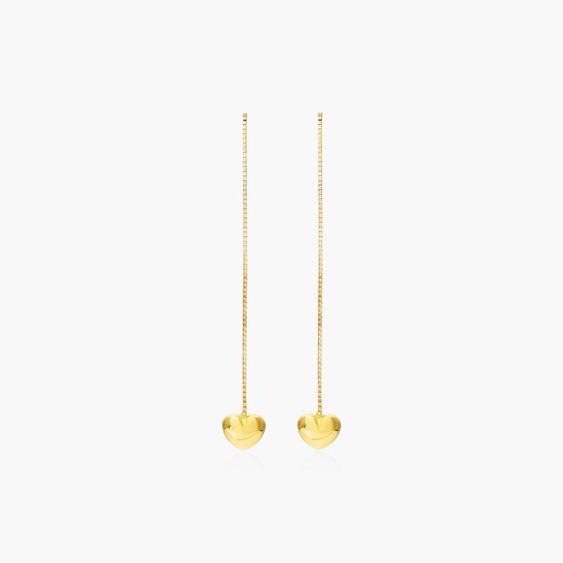 Puffed Heart Threader Earrings In 14K Yellow Gold