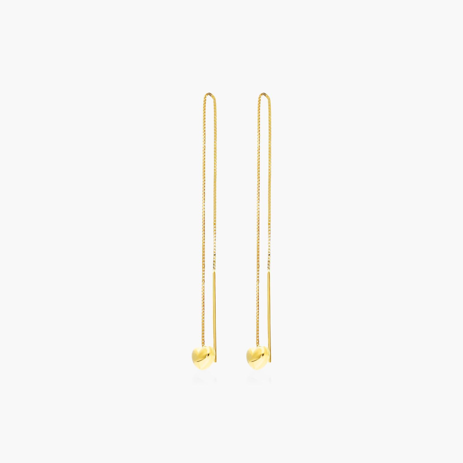 Puffed Heart Threader Earrings In 14K Yellow Gold
