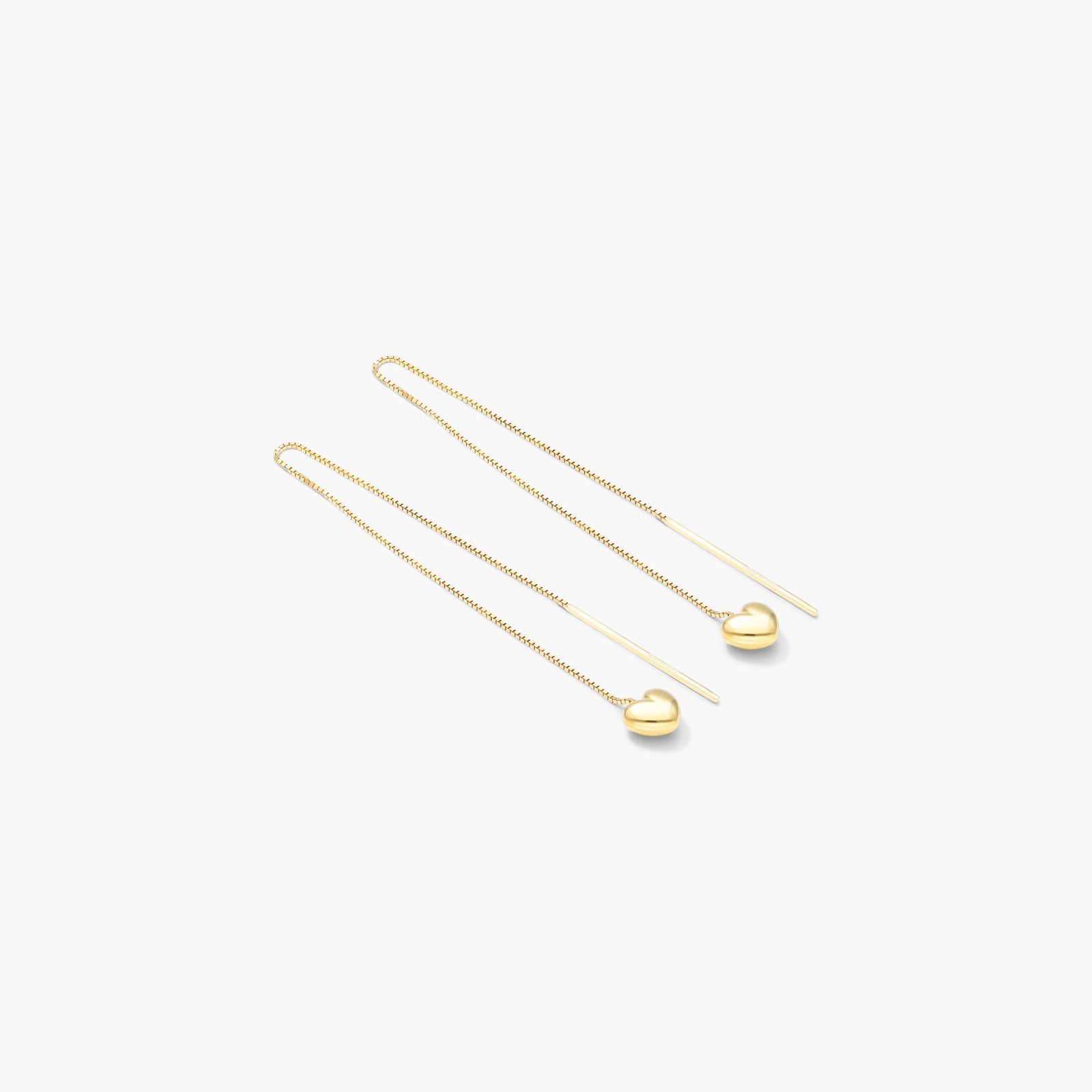 Puffed Heart Threader Earrings In 14K Yellow Gold