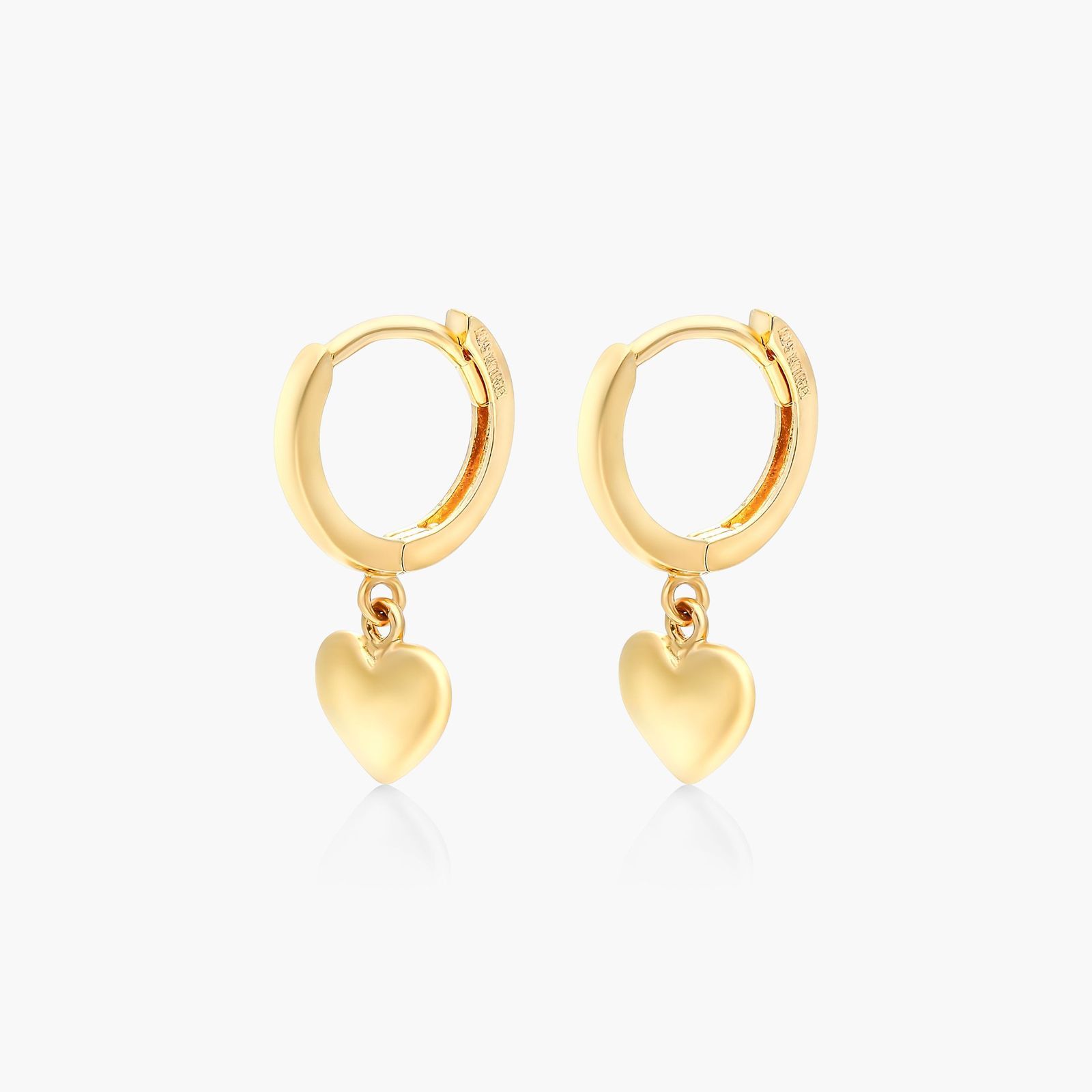 Dangle Puffed Heart Hoop Earrings In 14K Yellow Gold