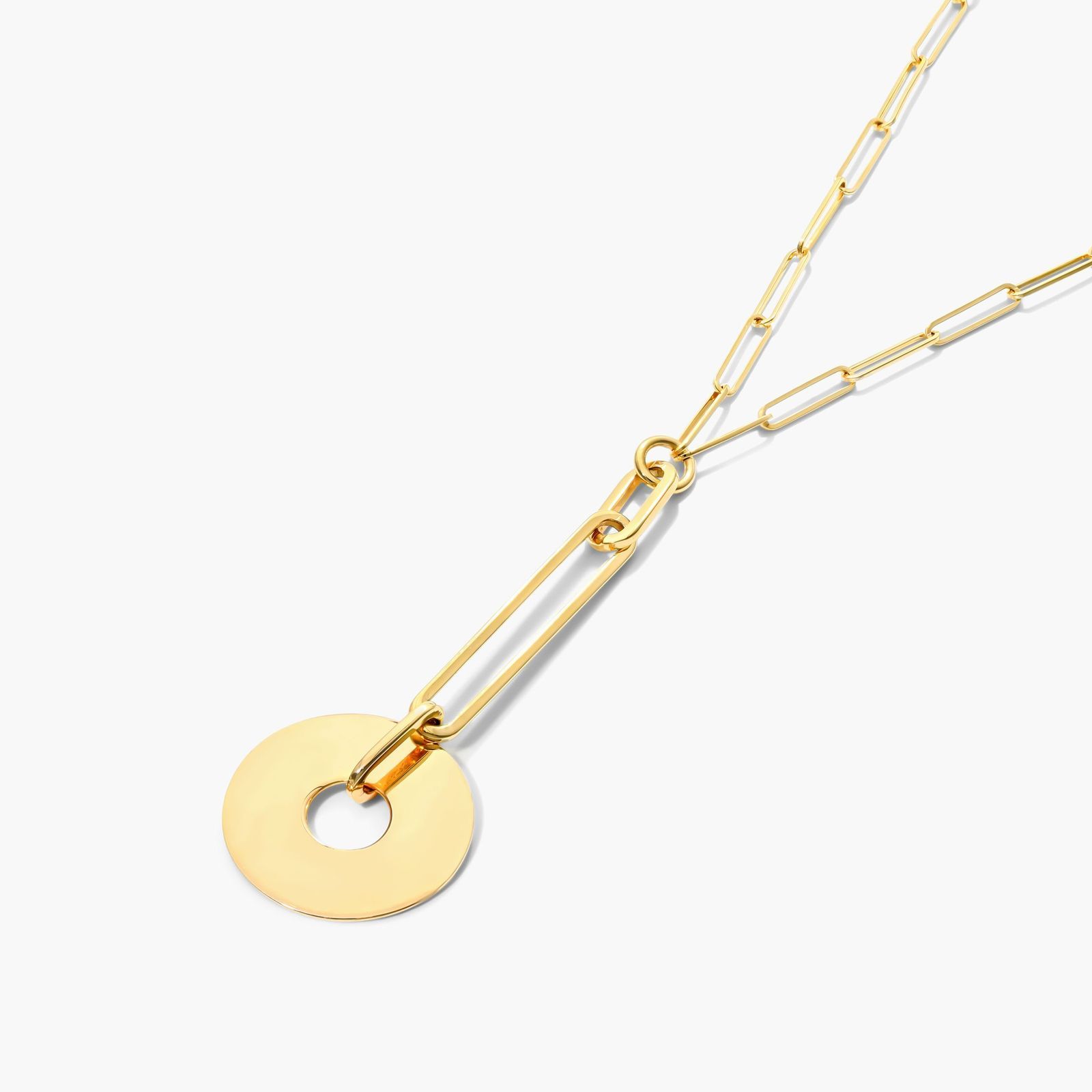 14K Yellow Gold Paper Clip Disc Drop Necklace
