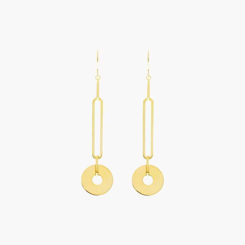 Paperclip Disc Drop Earrings In 14K Yellow Gold