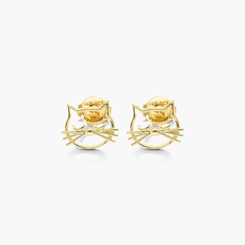 Kitty Cat Stud Earrings In 14K Yellow Gold