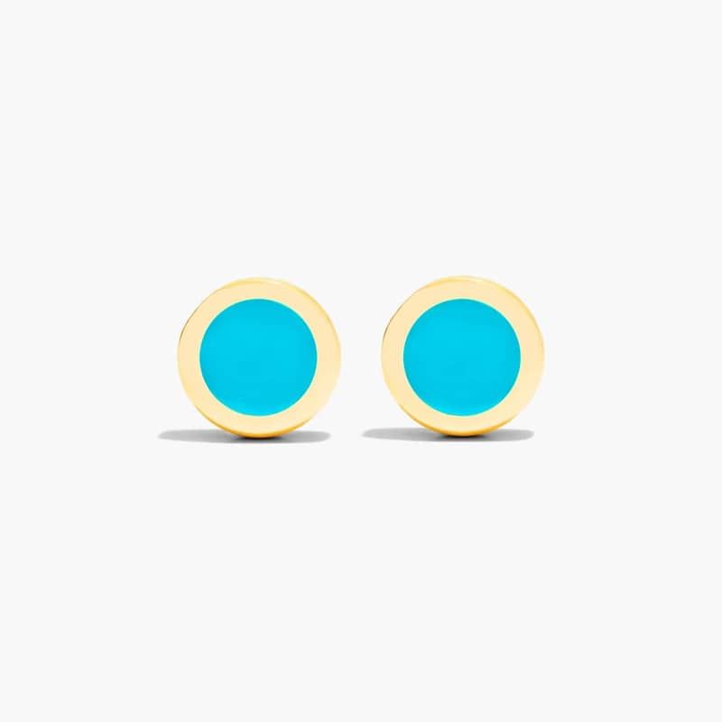 Turquoise Enamel Round Stud Earrings In 14K Yellow Gold