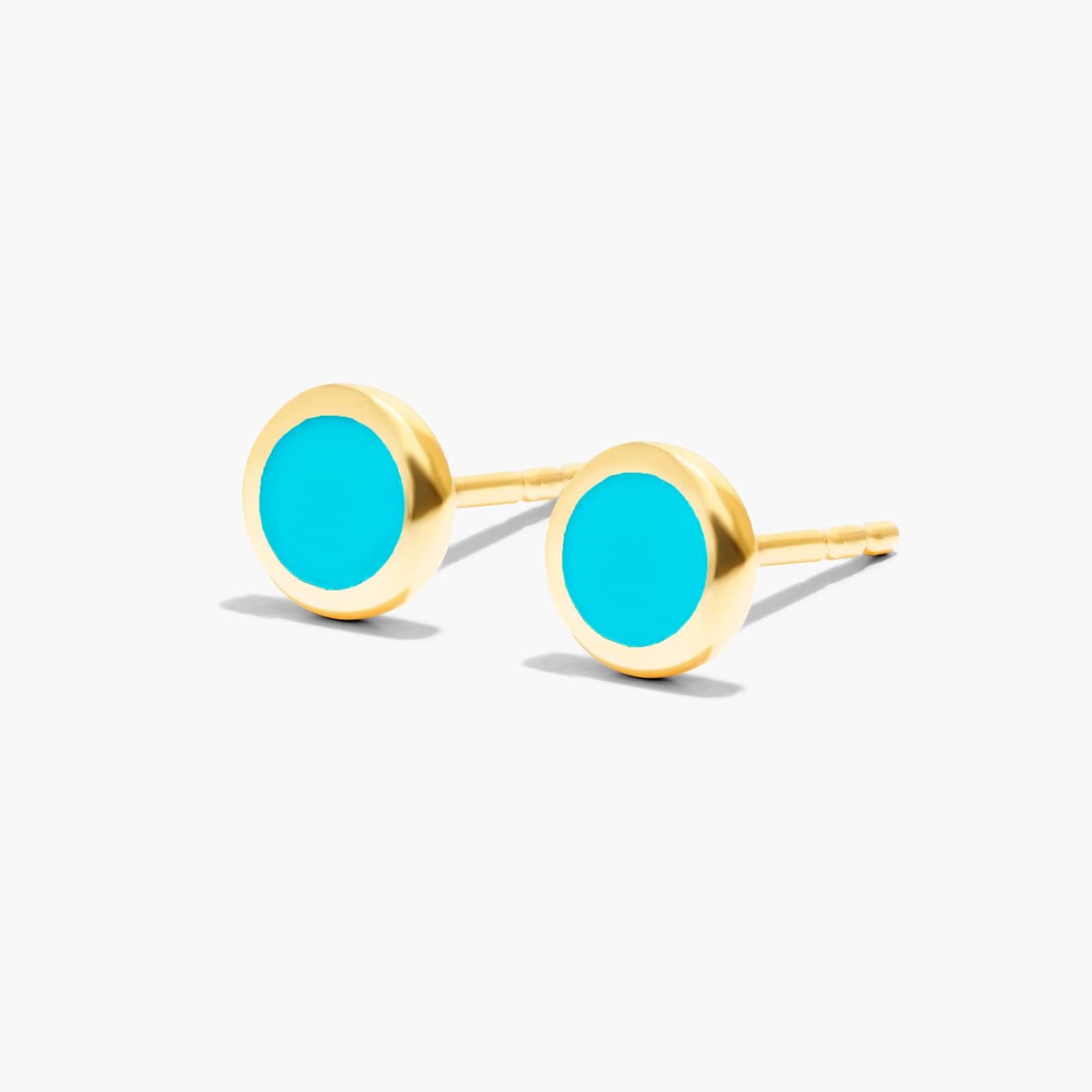 Turquoise Enamel Round Stud Earrings In 14K Yellow Gold