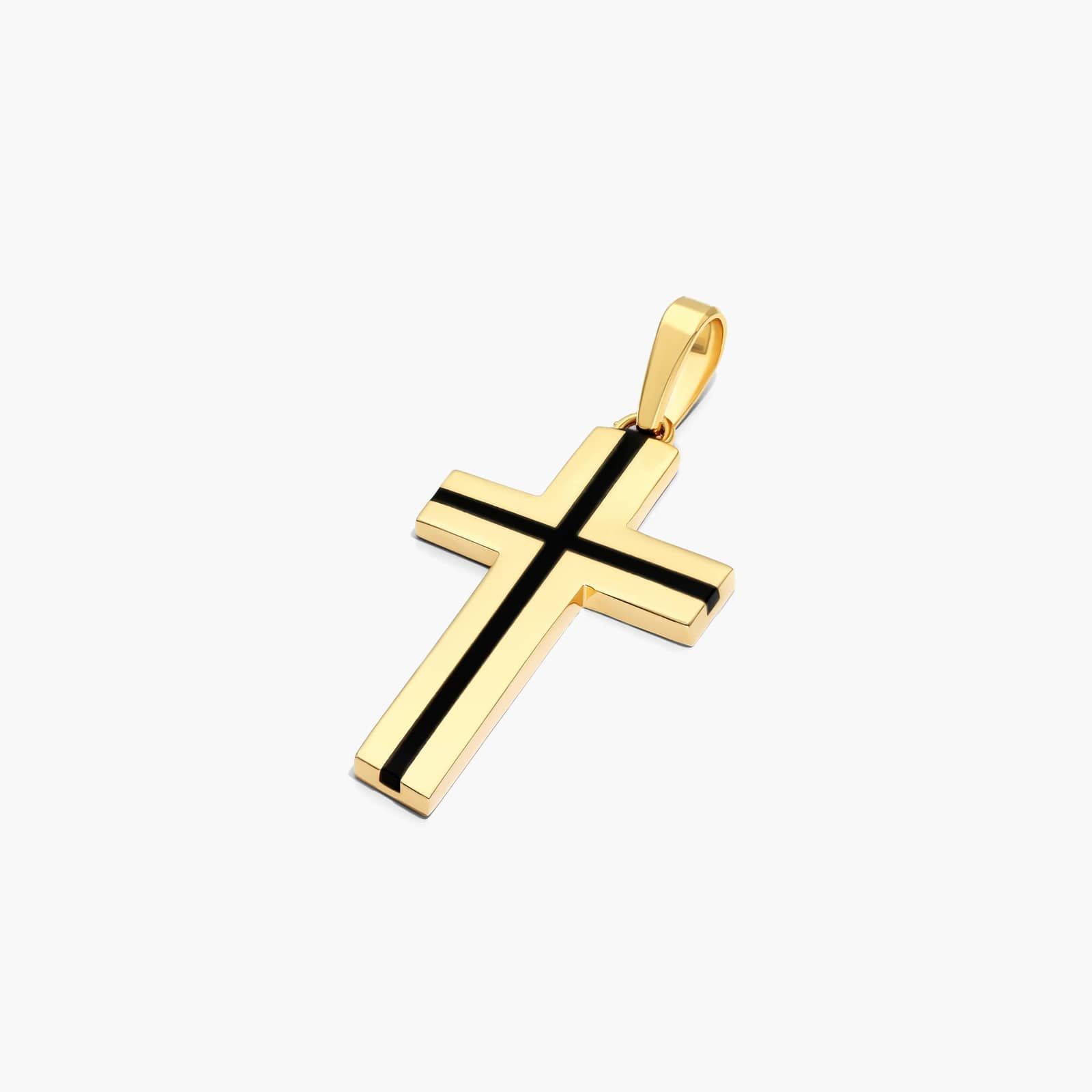 14K Yellow Gold Fancy Black Enamel Accent Cross