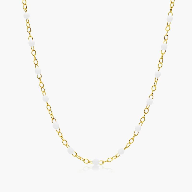 14K Yellow Gold White Enamel Bead Necklace