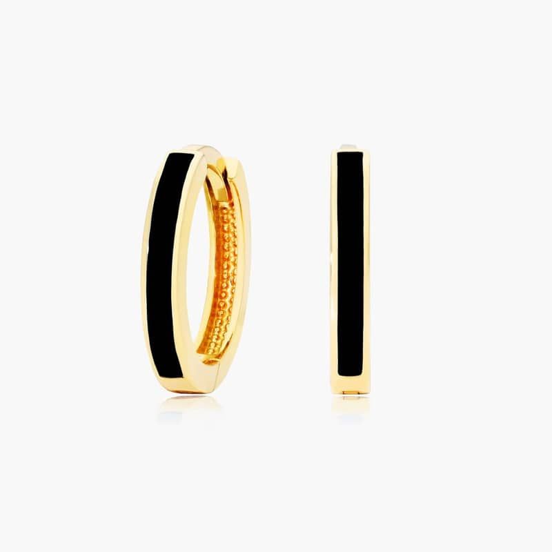 Black Enamel Huggie Hoop Earrings In 14K Yellow Gold
