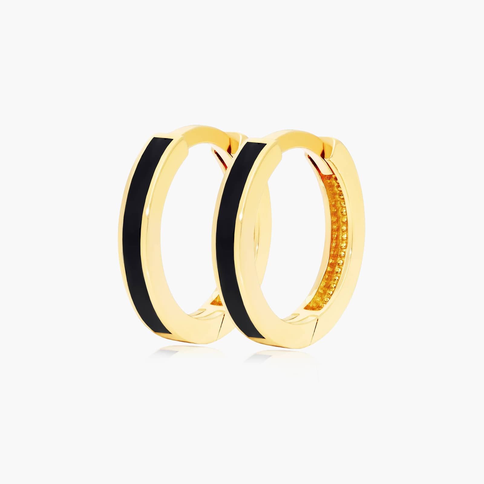 Black Enamel Huggie Hoop Earrings In 14K Yellow Gold