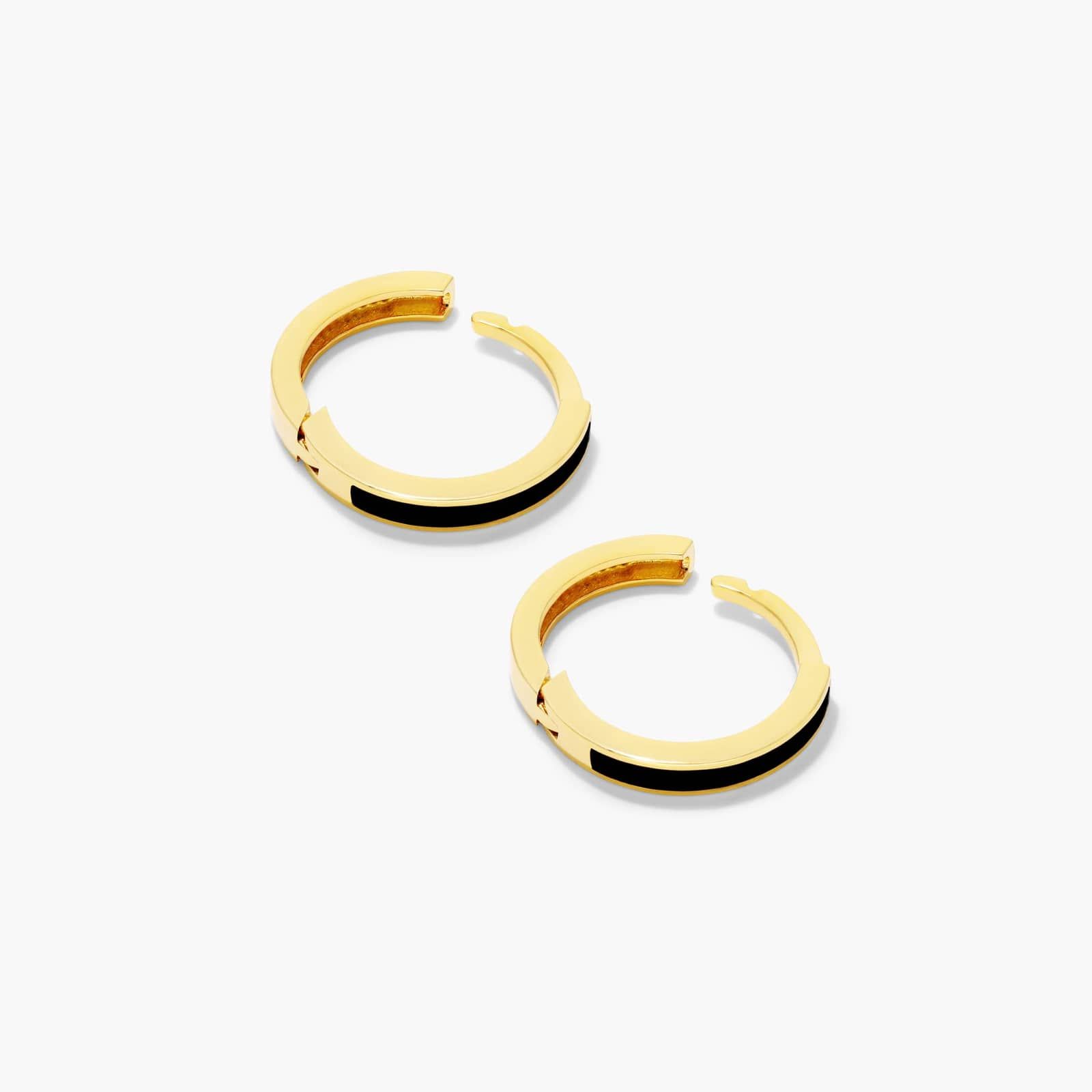 Black Enamel Huggie Hoop Earrings In 14K Yellow Gold