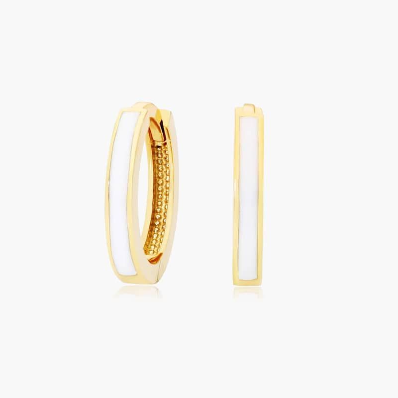 White Enamel Huggie Hoop Earrings In 14K Yellow Gold