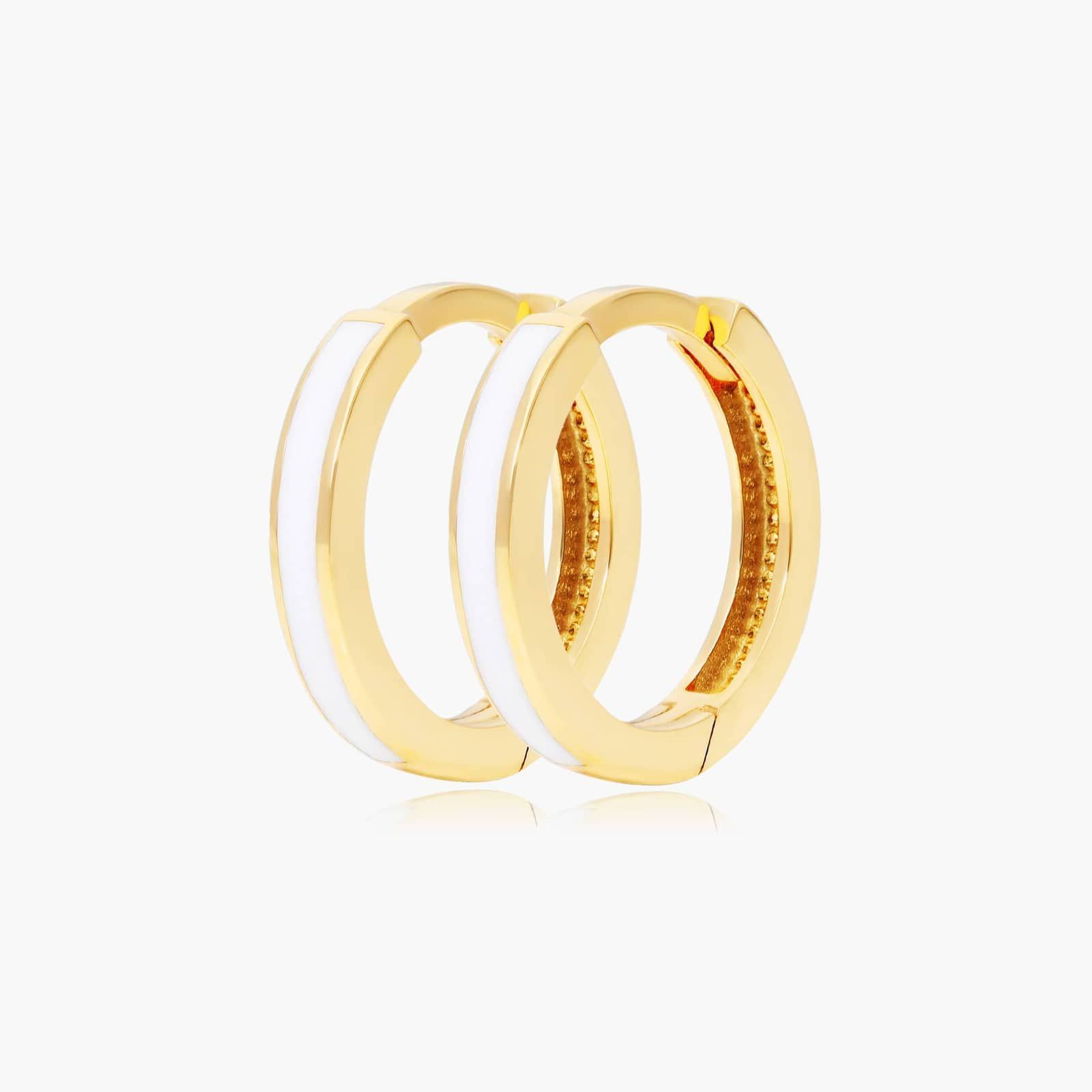 White Enamel Huggie Hoop Earrings In 14K Yellow Gold