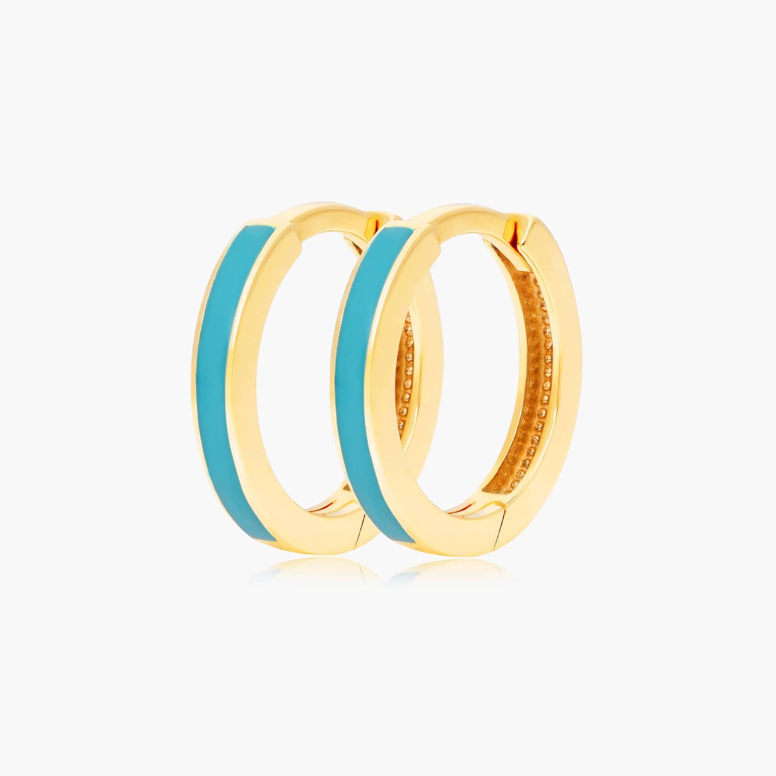Turquoise Enamel Huggie Hoop Earrings In 14K Yellow Gold