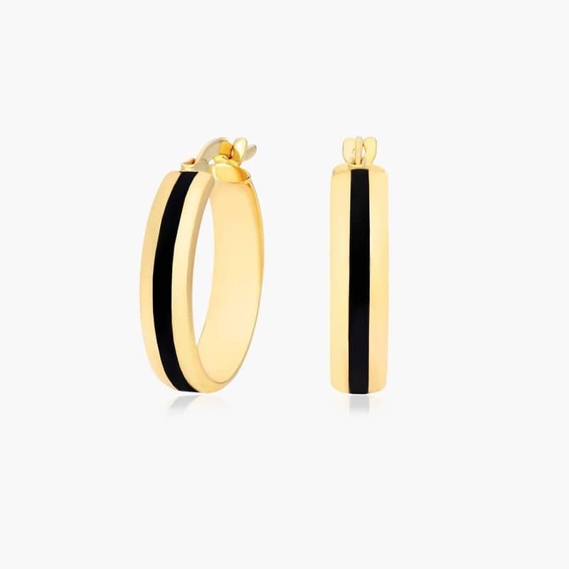 Black Enamel Hoop Earrings In 14K Yellow Gold