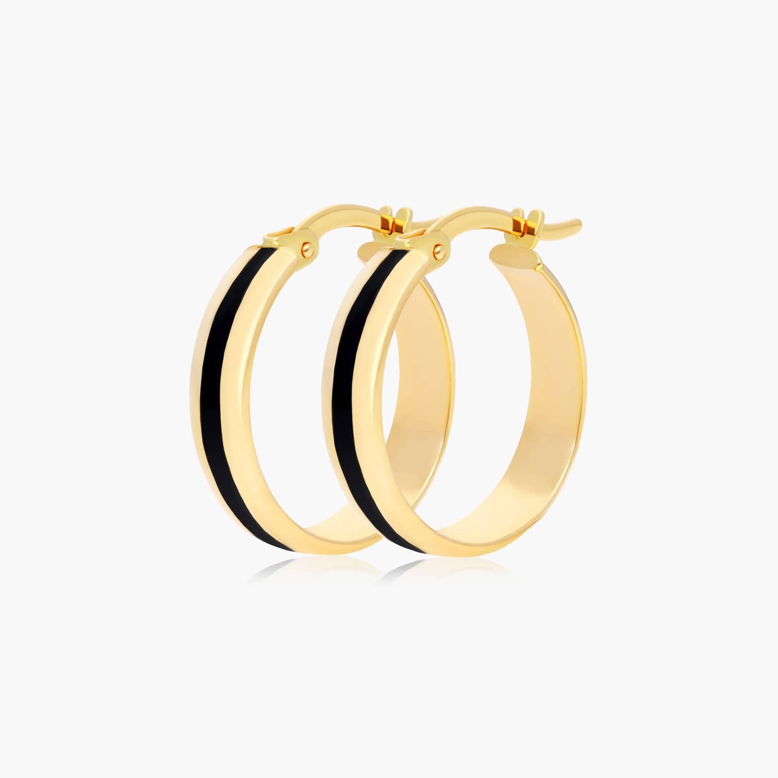 Black Enamel Hoop Earrings In 14K Yellow Gold