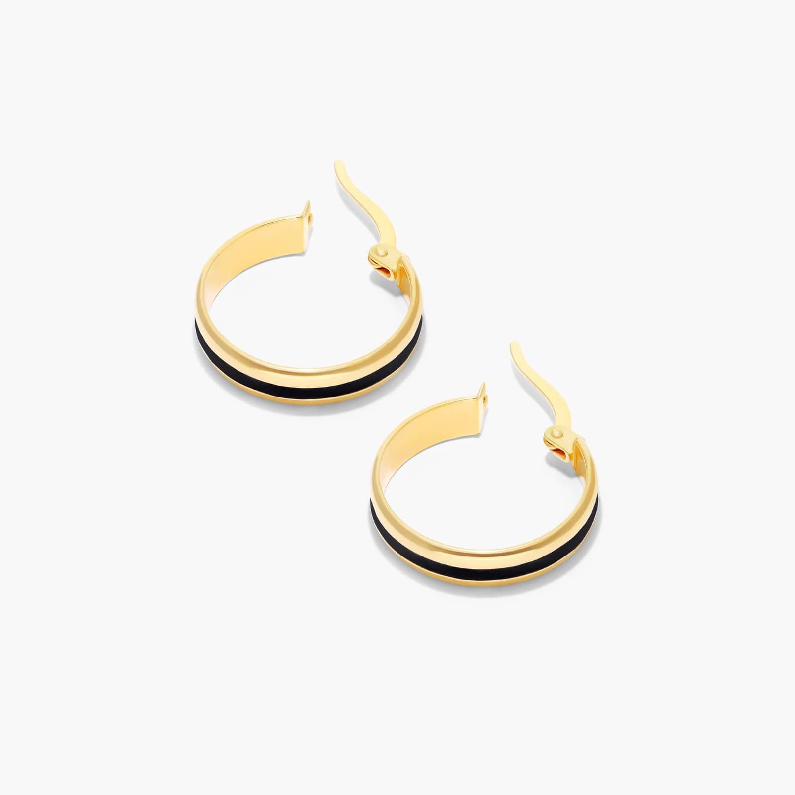 Black Enamel Hoop Earrings In 14K Yellow Gold