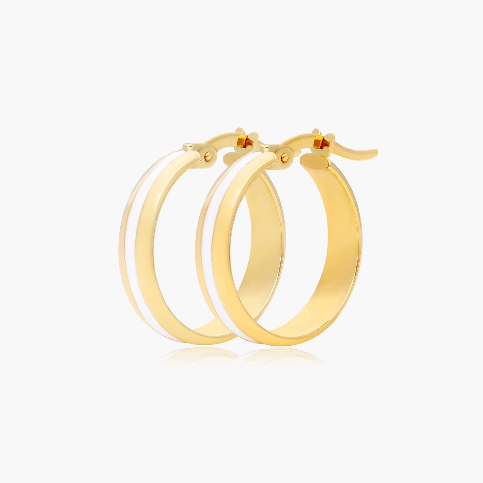 White Enamel Hoop Earrings In 14K Yellow Gold