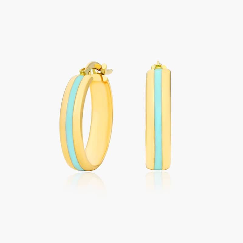 Turquoise Enamel Hoop Earrings In 14K Yellow Gold