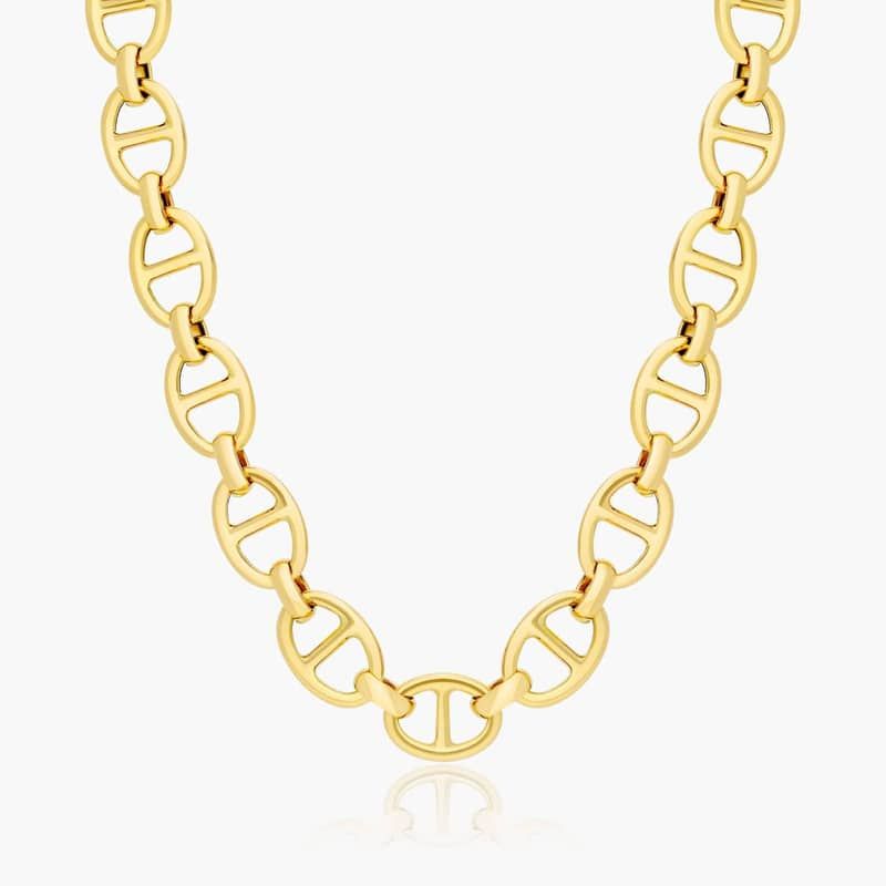 14K Yellow Gold 9mm Flat Mariner Chain Necklace